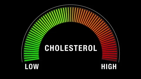 Animated neon Cholesterol gauge meter transitioning from green low to red high Stock Footage 324808133