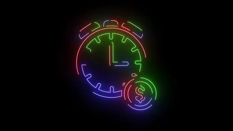 Animated neon clock with dollar sign on black background stock footage for finan Stock Footage 317926059