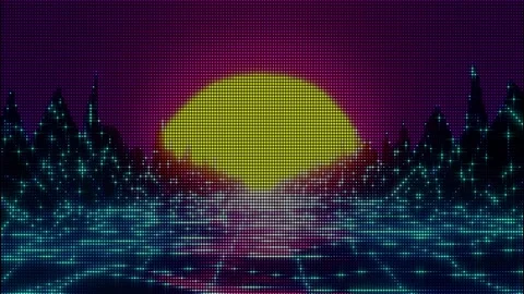 Animated Neon Dotted Grid Background with Retro Sunset and Skyline. 4K Stock Footage 340381742