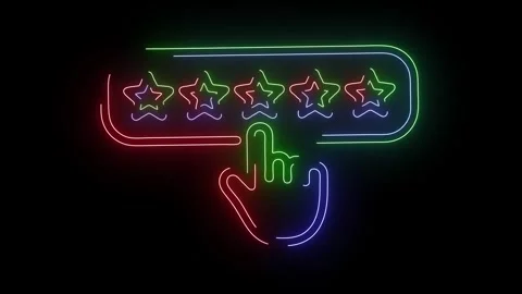 Animated neon five star rating system stock footage with hand cursor clicking, g Stock Footage 317925993