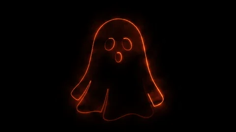 Animated neon ghost outline glows in dark room with playful spooky eyes. 스톡 동영상 339073024