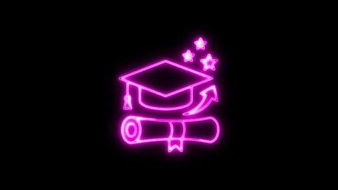 Animated neon glowing graduation cap and scroll diploma icon Stock Footage 340414039