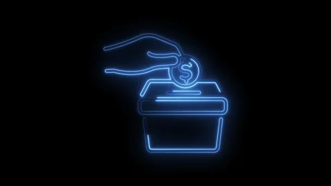 Animated neon hand putting a dollar coin into charity donation box concept Video stock 345996454