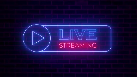 Animated Neon Live Streaming Icon and Text on Brick Wall Video stock 319059275