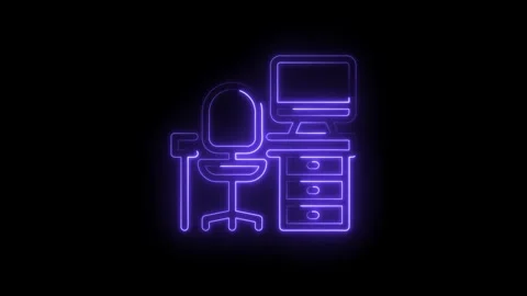 Animated neon office setup glowing on black background featuring desk,chair,and Stock Footage 322958368