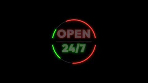 Animated Neon Open 247 Sign on Black Background 4K Vídeo Stock 339029508