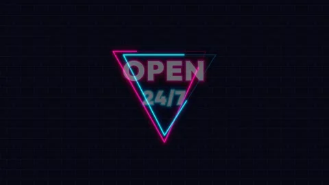 Animated Neon Open 247 Sign in Triangle Frame Blue and Pink 4K Stock Footage 339029511