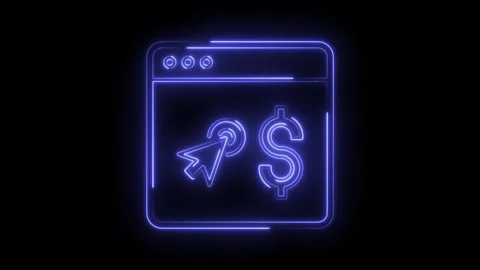 Animated neon pay per click icon inside browser window on black background Stockbeeldmateriaal 322989574