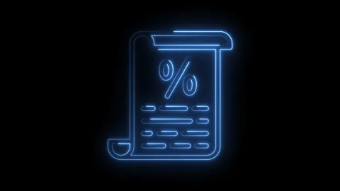Animated neon percentage document icon glowing blue on black background for Stock Footage 322962134