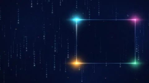 Animated neon rectangle frame drawing with coloured light flares over falling 스톡 동영상 347253315