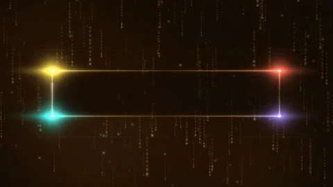 Animated neon rectangle frame drawing with coloured light flares over falling Vídeo Stock 347254092