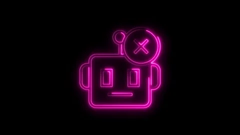 Animated neon robot head with error sign on dark background showing ai failur Stock Footage 314541042