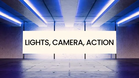 Animated neon screen with Lights, Camera, Action glowing in a futuristic room Stock Footage 312544142