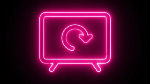 Animated neon sign displaying refresh symbol on a screen in dark background.. Stock Footage 345548043