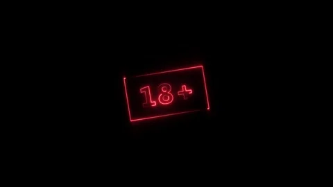 Animated neon sign displaying the text 18+ against a dark black background .. Stock Footage 323805459