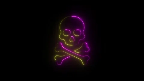 Animated neon skull and crossbones danger symbol with pulsing glow on black.. Stock Footage 345549323