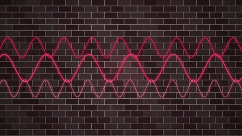 Animated neon sound waves pulse over dark brick wall. Stock-Footage 341679447
