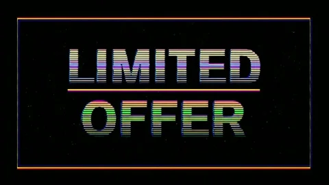 Animated neon striped frame border with limited offer text overlay, black b.. Stockbeeldmateriaal 342047003