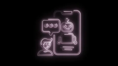 Animated neon style chatbot interface on smartphone with user Video stock 308192265