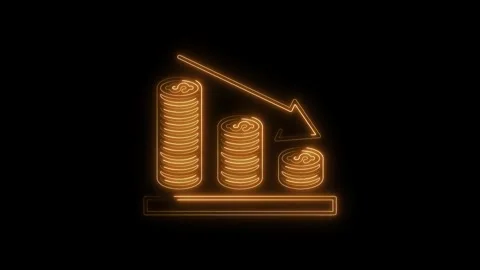 Animated neon style coin stack chart declining trend symbol isolated on bla.. Stock Footage 312333969