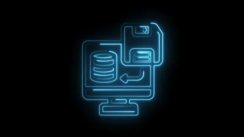 Animated neon style data transfer icon computer to diskette on black backgrou Stock Footage 312309161