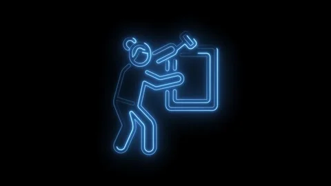 Animated neon style handyman fixing window or door frame glowing blue Stock Footage 345990995
