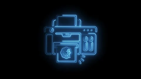 Animated neon style printer icon revealing paper output on black background Stock Footage 345996892