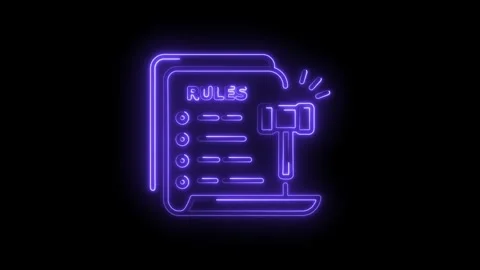 Animated neon style rules and gavel icon on dark background for legal concept Stock Footage 330776548