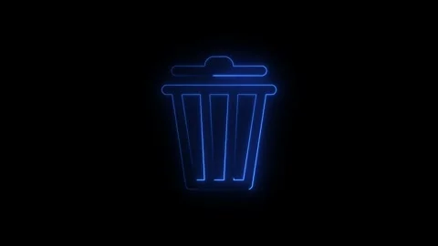 Animated neon trash bin icon performing disposal action in dark background Stock Footage 345373665