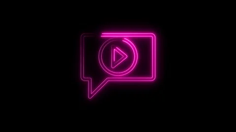 Animated neon video play button icon in speech bubble on dark background Stock Footage 314540878