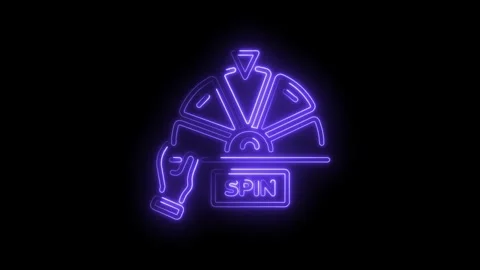 Animated neon wheel of fortune with hand and spin button on black background Stock Footage 330770337