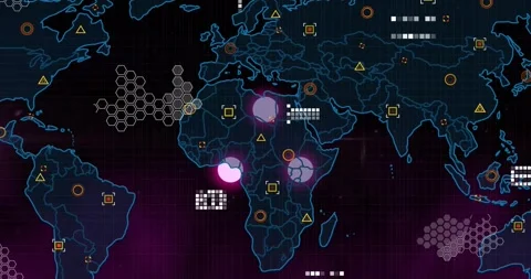 Animated neon world map responding to data pulse, showing pulsing magenta Stock-Footage 334316214