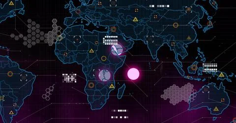 Animated neon world map responding to data pulse, showing pulsing magenta Stock Illustration