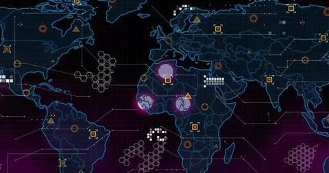 Animated neon world map responding to data pulse, showing pulsing magenta Stock Illustration