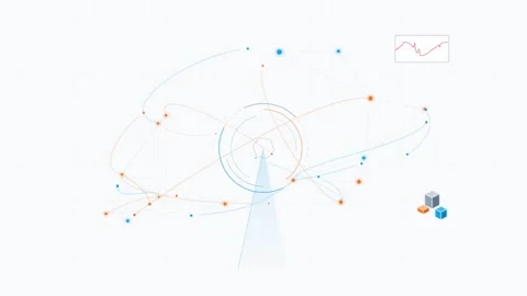 Animated network connection with rotating HUD element and data flow on grid.. Stock Footage 341907855