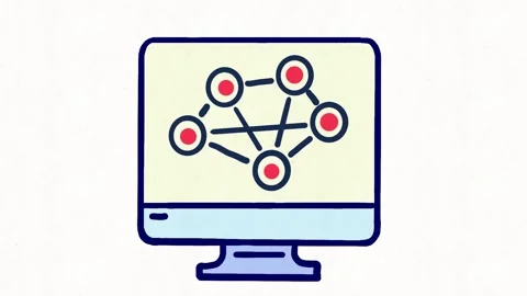 Animated Network Diagram on Computer Screen in Colorful Doodle Style Stock Footage 341863444