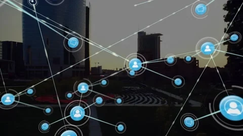 Animated network emerging from central glowing node over urban park, pulsing and 스톡 동영상 330355962