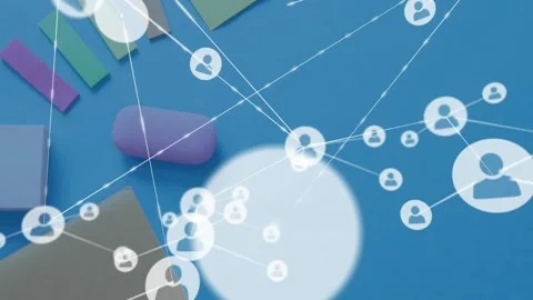 Animated network growing from single node, linking avatars over tabletop for Stock Footage 331062799