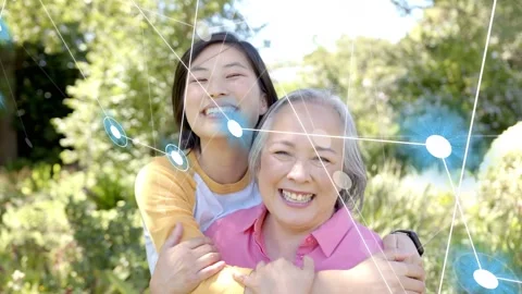Animated network nodes fading causing mother-daughter hugging smiling laughing Stock Footage 333689065