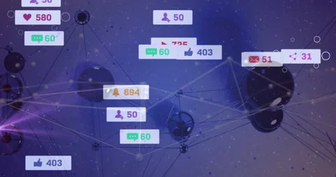 Animated network nodes floating over purple-blue gradient, showing social media Stock Footage 309144284