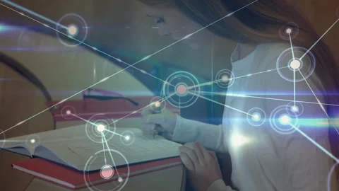 Animated network overlay appearing, student leaning and writing, nodes Stock Footage 333967410
