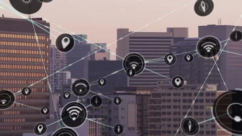 Animated network spawning nodes from initial node, linking wifi and location Stock Footage 334112627
