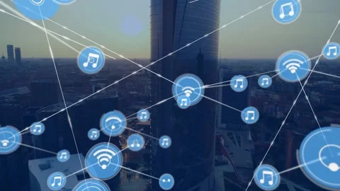 Animated network spawning from single node connecting Wi-Fi chat icons over Video stock 330894272