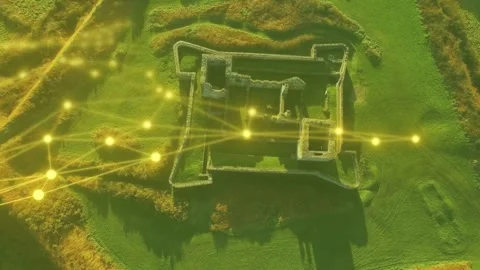 Animated network starting at left path spreading over ruined castle, visualizing Stock Footage 333575119