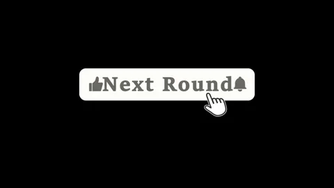 Animated 'next round' button with thumbs up and bell icons click animation Stock Footage 338217565