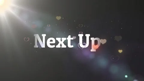 Animated next up text overlay with floating glowing hearts with sophisticated Vídeo Stock 338381687