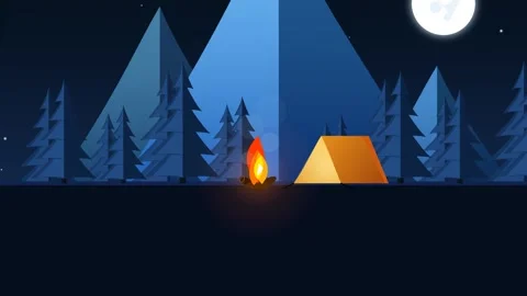 Animated Night Camping Scene with Tent, Campfire, and Mountains Stock Footage 333494540
