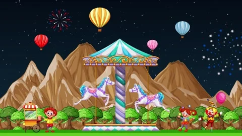 Animated Night Carnival with Carousel and Fireworks over Mountain Landscape Vídeo Stock 331191352