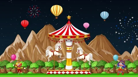 Animated Night Carnival with Carousel and Fireworks over Mountain Landscape Stock Footage 335197140