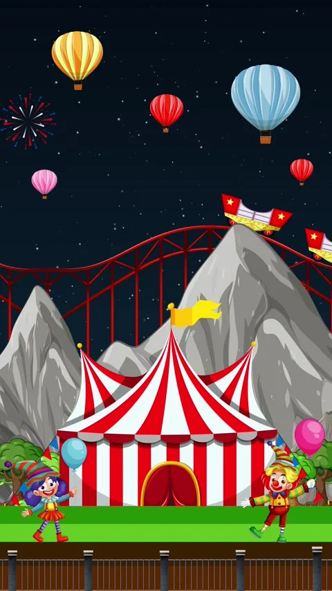 Animated Night Carnival with Roller Coaster Circus Tent and Fireworks Stock Footage 333296487